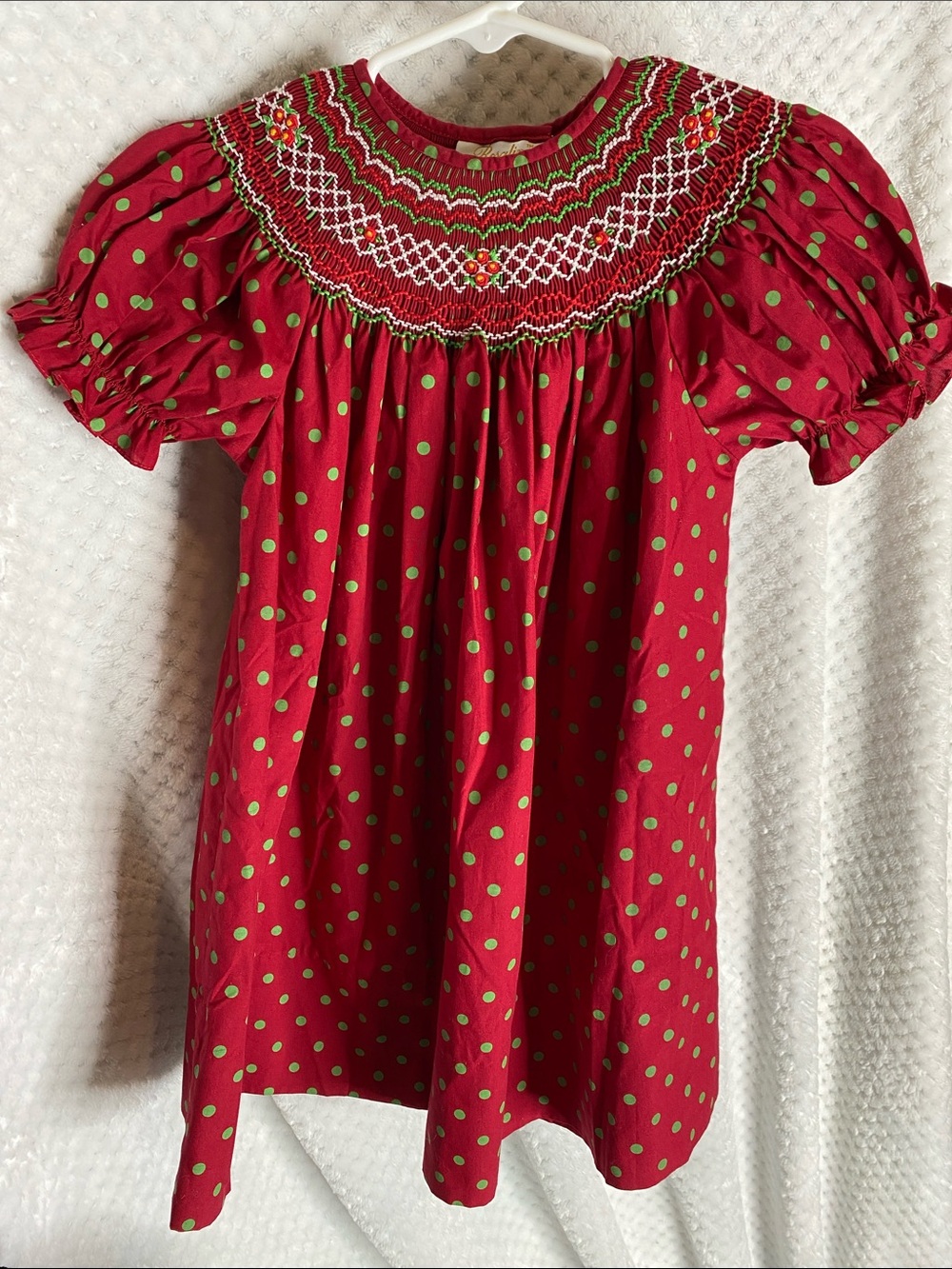 Rosalina Collections Smocked Red Dress with Green Polka Dots